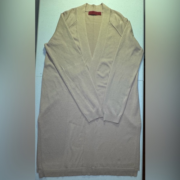 Love Scarlett Long Tan/Beige Long Open Front Cardigan Sweater Size M Side Slit - Picture 2 of 9